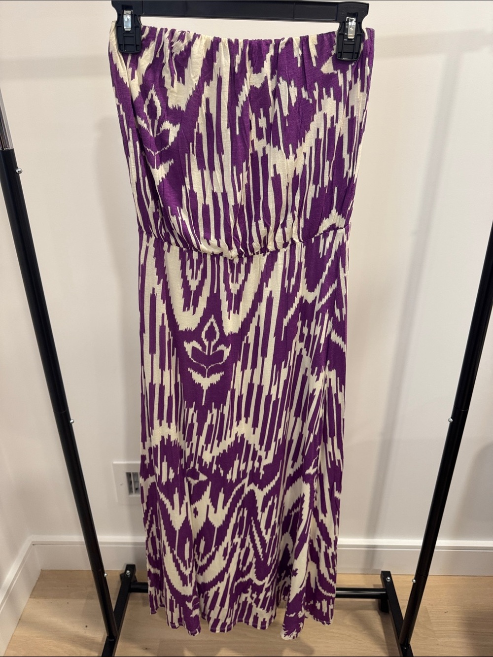Velvet Purple and Cream Strapless Printed Maxi Dress